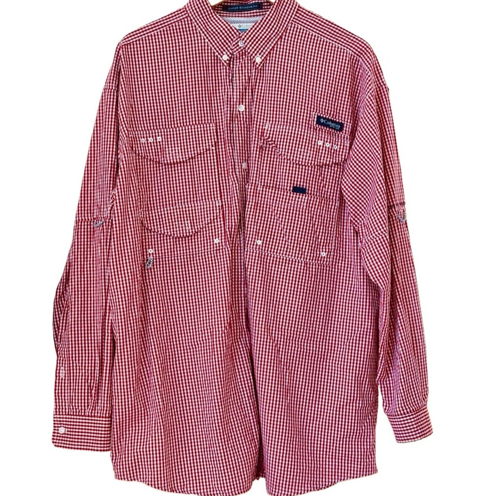 Columbia PFG Super Bonehead Mens L Red Gingham Fishing Shirt Long Sleeve